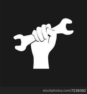 Hand holds wrench icon. White logo on black background. Vector EPS 10. Hand holds wrench icon. White logo on black background Vector EPS 10