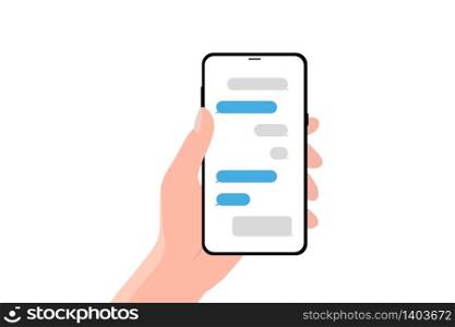 Hand holing smartphone with speech bubble. Using smart phone for text messaging.