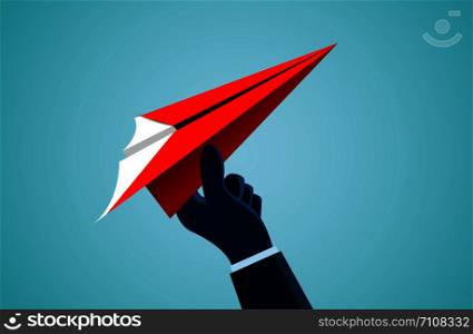 hand human who threw the red paper plane up to the sky. creative idea. illustration cartoon vector