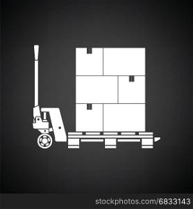 Hand hydraulic pallet truc with boxes icon. Black background with white. Vector illustration.