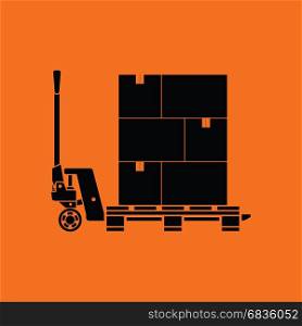 Hand hydraulic pallet truc with boxes icon. Orange background with black. Vector illustration.