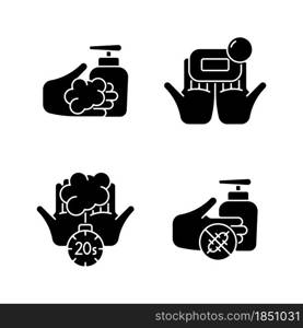 Hand hygiene black glyph icons set on white space. Wash with brick soap. Antimicrobial skin cleanser. Scrub hands for twenty seconds. Antiseptic. Silhouette symbols. Vector isolated illustration. Hand hygiene black glyph icons set on white space