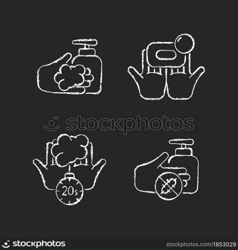 Hand hygiene chalk white icons set on dark background. Wash with brick soap. Antimicrobial skin cleanser. Scrub hands for twenty seconds. Antiseptic. Isolated vector chalkboard illustrations on black. Hand hygiene chalk white icons set on dark background