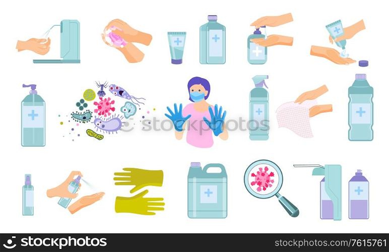 Hand hygiene flat icons collection with disinfection product images bacteria microbes and protecting gloves with hands vector illustration
