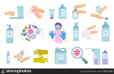 Hand hygiene flat icons collection with disinfection product images bacteria microbes and protecting gloves with hands vector illustration