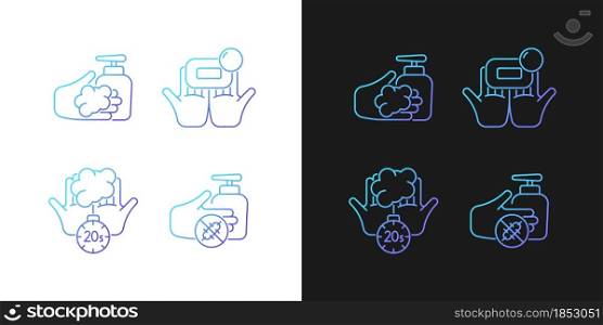 Hand hygiene gradient icons set for dark and light mode. Antimicrobial skin cleanser. Thin line contour symbols bundle. Isolated vector outline illustrations collection on black and white. Hand hygiene gradient icons set for dark and light mode