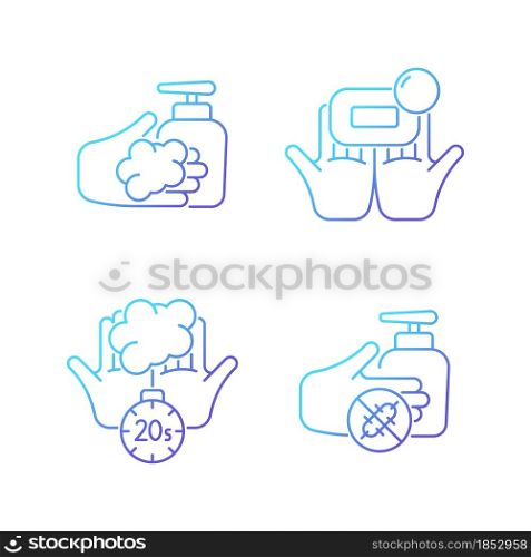 Hand hygiene gradient linear vector icons set. Wash with brick soap. Antimicrobial skin cleanser. Scrub hands duration. Thin line contour symbols bundle. Isolated outline illustrations collection. Hand hygiene gradient linear vector icons set