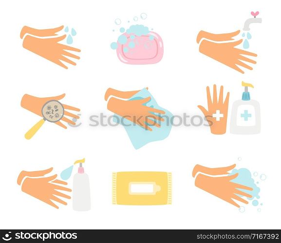 Hand hygiene. Hands washing vector illustration, infected, water washed and hygienic clean flat hands isolated on white background. Hand hygiene icons set