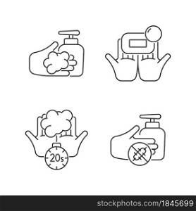 Hand hygiene linear icons set. Wash with brick soap. Antimicrobial skin cleanser. Scrub hands duration. Customizable thin line contour symbols. Isolated vector outline illustrations. Editable stroke. Hand hygiene linear icons set