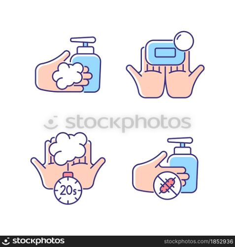 Hand hygiene RGB color icons set. Wash with brick soap. Antimicrobial skin cleanser. Scrub hands for twenty seconds. Antiseptic. Isolated vector illustrations. Simple filled line drawings collection. Hand hygiene RGB color icons set