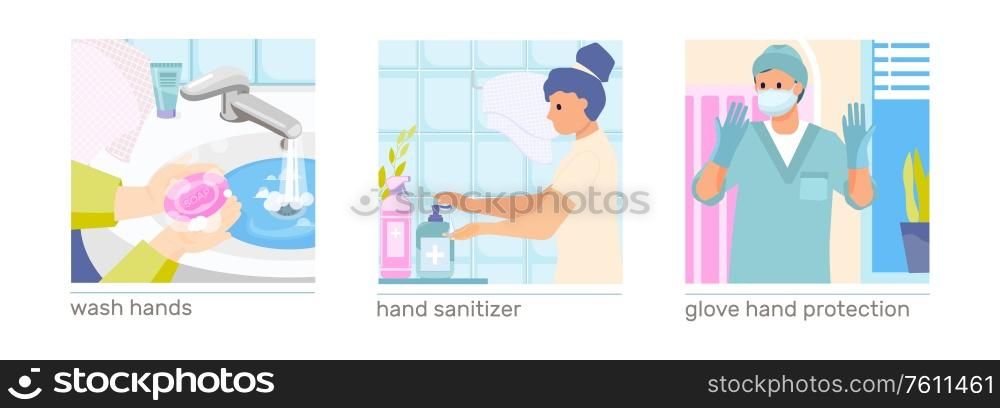Hand hygiene set of square compositions with human characters washing hands wearing gloves with text captions vector illustration