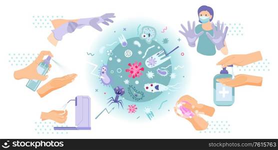 Hand hygiene virus composition with flat images of bacteria viruses microorganisms and washing hands disinfection products vector illustration