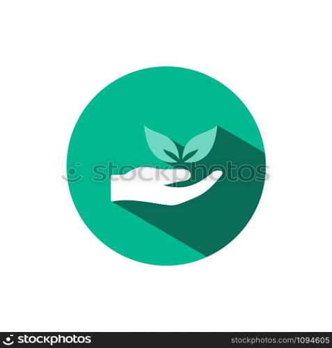 Hand icon and leaves with shadow on a green circle. Flat color vector pharmacy illustration