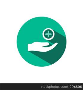 Hand icon and pharmacy cross with shadow on a green circle. Flat color vector pharmacy illustration