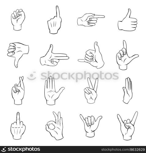 Hand icons set in hand-drawn style isolated on white background. Hand icons set vector outline