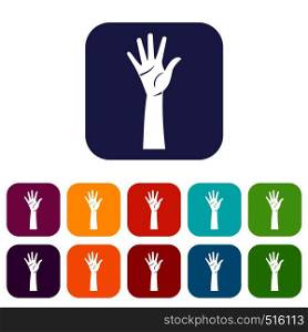 Hand icons set vector illustration in flat style in colors red, blue, green, and other. Hand icons set