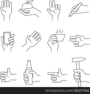 Hand icons with tools and other object. Hand icons with tools and other object. Hand hold device and set of sign hand with object. Vector illustration
