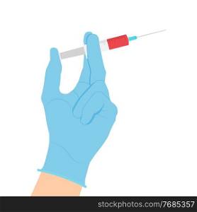 Hand in a medical glove holds a syringe with a vaccine. Vaccination Concept. Vector Illustration. Hand in a medical glove holds a syringe with a vaccine. Vaccination Concept. Vector Illustration EPS10