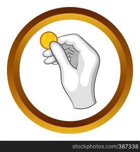 Hand in a white glove holding a gold coin vector icon in golden circle, cartoon style isolated on white background. Hand in a white glove holding a coin vector icon