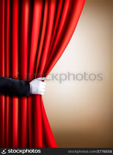 Hand in a white glove pulling curtain away. Theater. Vector.