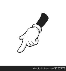 Hand in glove gesture with index finger pointing down isolated cartoon glove with forefinger calling to choose something. Vector nonverbal communication sign, web page push button indicator. Index finger pointing down, hand in glove gesture