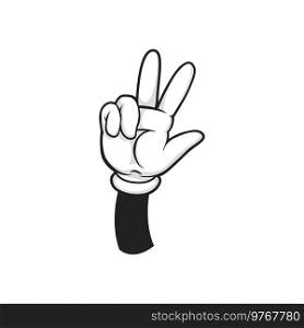 Hand in glove showing three fingers up isolated cartoon body language gesture. Vector human arm in glove, number 3 symbol. Mathematics education, raised three fingers, social media emoticon. Count down hand, three fingers up, cartoon gesture