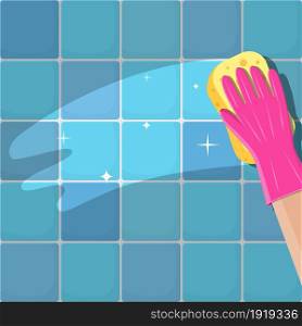 Hand in gloves with sponge wash wall in bathroom or kitchen. Cleaning service. Washing sponge. Kitchenware scouring pads. Kitchen and bath cleaning tool accestories. Vector illustration in flat style. Hand in gloves with sponge