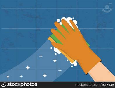 Hand in gloves with yellow sponge wash wall in bathroom or kitchen cleaning service washing sponge, concept for cleaning before and after cleaning vector illustration.
