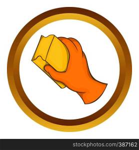 Hand in orange glove with rag vector icon in golden circle, cartoon style isolated on white background. Hand in glove with rag vector icon