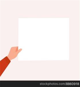 Hand in red shirt holds a rectangular blank sheet of paper. Hand holding template of letter, ticket, invitation, flyer, postcard, certificate, list. Vector flat cartoon illustration.