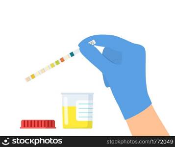 Hand in white glove holding urine strip for diagnosis urinary tract infection isolated on white background. Medical examination. Vector illustration in flat style. The doctor uses a urine test strip