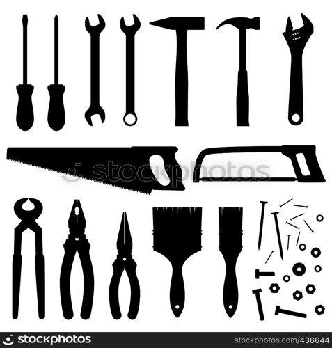 Hand industrial and building tools vector silhouettes. Handyman toolkit. Screwdriver and wrench, hammer instrument and saw illustration. Hand industrial and building tools vector silhouettes. Handyman toolkit