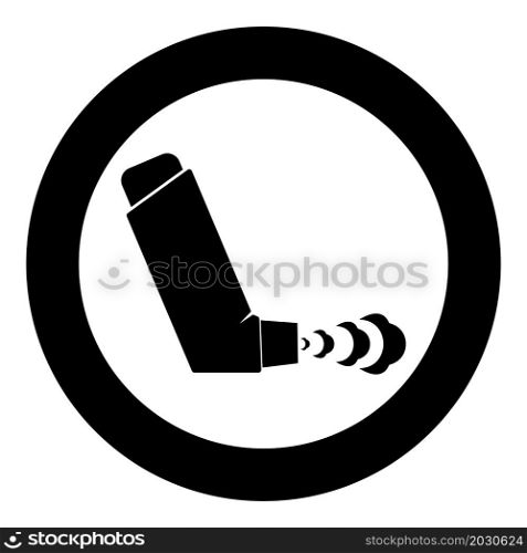 Hand Inhaler spray for treatment asthma cough relief concept Inhalation allergic patient icon in circle round black color vector illustration image solid outline style simple. Hand Inhaler spray for treatment asthma cough relief concept Inhalation allergic patient icon in circle round black color vector illustration image solid outline style