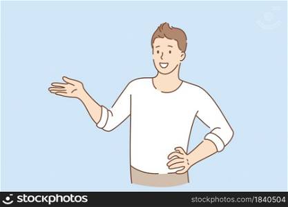 Hand language and gesticulating concept. Young smiling man cartoon character standing gesticulating pointing aside with hand vector illustration . Hand language and gesticulating concept
