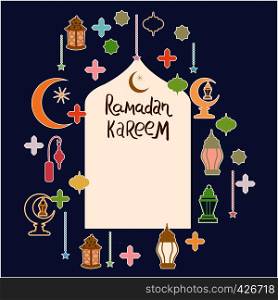Hand lettering Ramadan Kareem. White Mosque and circle of islamic symbols. Design for Ramadan celebration. Vector.. Phrase Ramadan Kareem with circle of islamic elements.