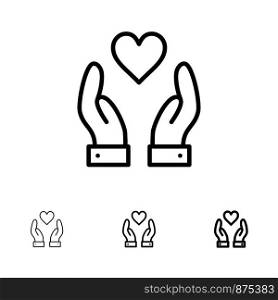 Hand, Love, Charity Bold and thin black line icon set