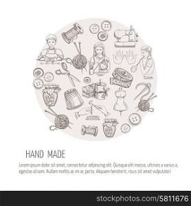 Hand made concept with sketch tailoring metal glass work icons vector illustration. Hand Made Sketch Concept