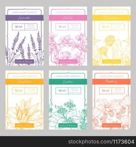 Hand made cosmetics hand drawn vector packaging templates set. Natural beauty product branding, identity design. Eco skincare with herbs organic ingredients. Wildflowers with typography. Handmade organic cosmetics vector packaging templates set