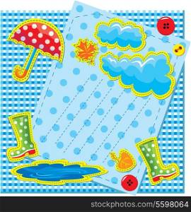 hand made frame in autumn style with rain, clouds, puddle, rubber boots and umbrella - is made of polka dot and checkered fabric