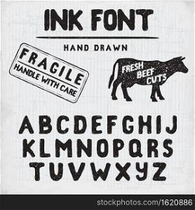 Hand Made Ink st&font. Handwritten alphabet. Vintage retro textured hand drawn typeface with grunge effect, good for custom logo or emblrm. Vector illustration. on retro paper background.. Hand Made Ink st&font. Handwritten alphabet. Vintage retro textured hand drawn typeface with grunge effect, good for custom logo or emblrm. Vector illustration. on retro paper background