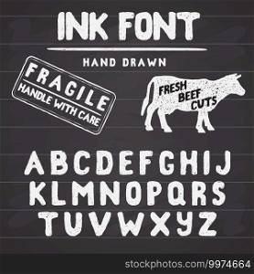 Hand Made Ink st&font. Handwritten alphabet. Vintage retro textured hand drawn typeface with grunge effect, good for custom logo or emblrm. Vector illustration. on chalkboard background.. Hand Made Ink st&font. Handwritten alphabet. Vintage retro textured hand drawn typeface with grunge effect, good for custom logo or emblrm. Vector illustration. on chalkboard background