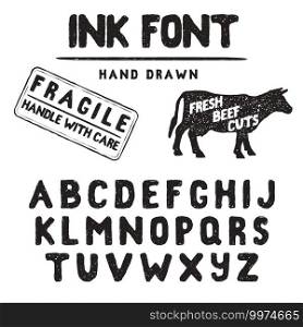 Hand Made Ink st&font. Handwritten alphabet. Vintage retro textured hand drawn typeface with grunge effect, good for custom logo or emblrm. Vector illustration. isolated on white background.. Hand Made Ink st&font. Handwritten alphabet. Vintage retro textured hand drawn typeface with grunge effect, good for custom logo or emblrm. Vector illustration. isolated on white background