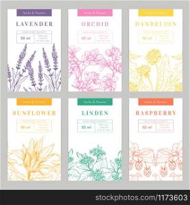 Hand made products hand drawn vector packaging templates set. Herbal cosmetics, natural beauty product branding, identity design. Eco skincare with linden, sunflower, lavender organic ingredients. Handmade organic products vector packaging templates set