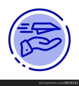 Hand, Mail, Paper Plane, Plane, Receive Blue Dotted Line Line Icon