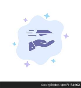 Hand, Mail, Paper Plane, Plane, Receive Blue Icon on Abstract Cloud Background