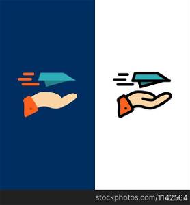 Hand, Mail, Paper Plane, Plane, Receive Icons. Flat and Line Filled Icon Set Vector Blue Background