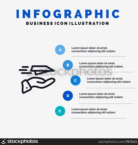 Hand, Mail, Paper Plane, Plane, Receive Line icon with 5 steps presentation infographics Background