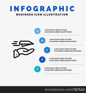 Hand, Mail, Paper Plane, Plane, Receive Line icon with 5 steps presentation infographics Background