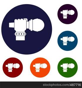 Hand microphone icons set in flat circle red, blue and green color for web. Hand microphone icons set