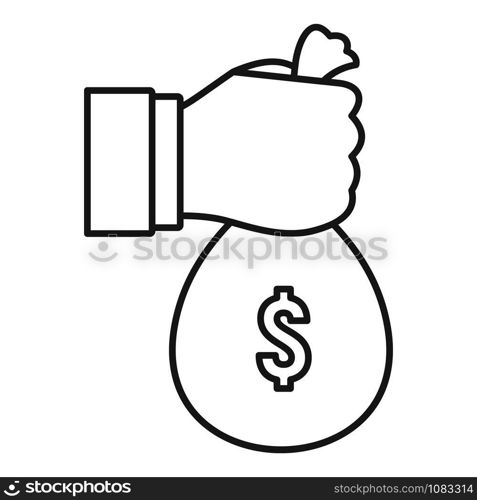 Hand money bag icon. Outline hand money bag vector icon for web design isolated on white background. Hand money bag icon, outline style